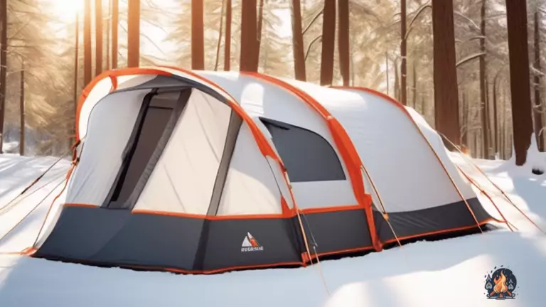 Alt Text: A 4-season tent illuminated by golden sunlight, highlighting its exceptional ventilation system, sturdy poles, snow flaps, and insulating fabrics.