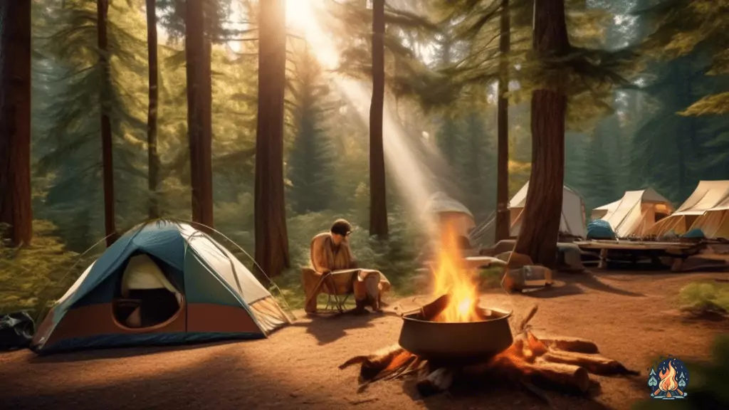 Experience the thrill of adventure travel with a sun-drenched campsite nestled among towering evergreens, where golden rays illuminate a cozy tent and flickering campfire.
