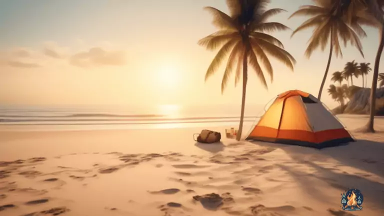 Alt Text: Experience the ultimate relaxation with a serene beach camping scene at golden hour. Soft sunlight filters through palm trees, casting a warm glow on the sandy shore, while calm waves gently lap the beach, inviting tranquility.