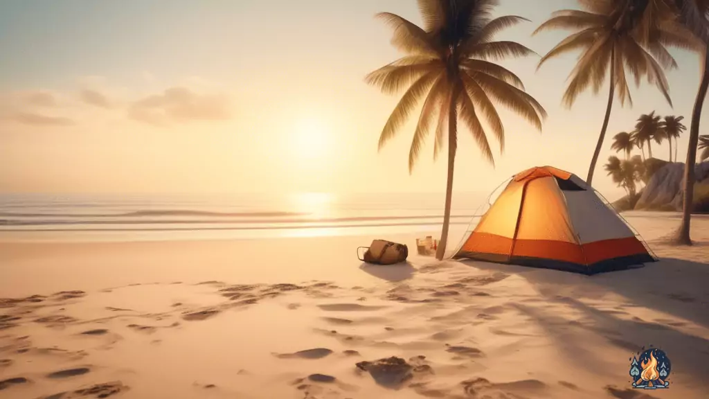 Alt Text: Experience the ultimate relaxation with a serene beach camping scene at golden hour. Soft sunlight filters through palm trees, casting a warm glow on the sandy shore, while calm waves gently lap the beach, inviting tranquility.