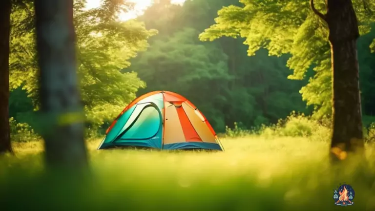 Colorful budget-friendly dome tent set up in a lush green forest clearing, illuminated by bright natural light with dappled shadows.