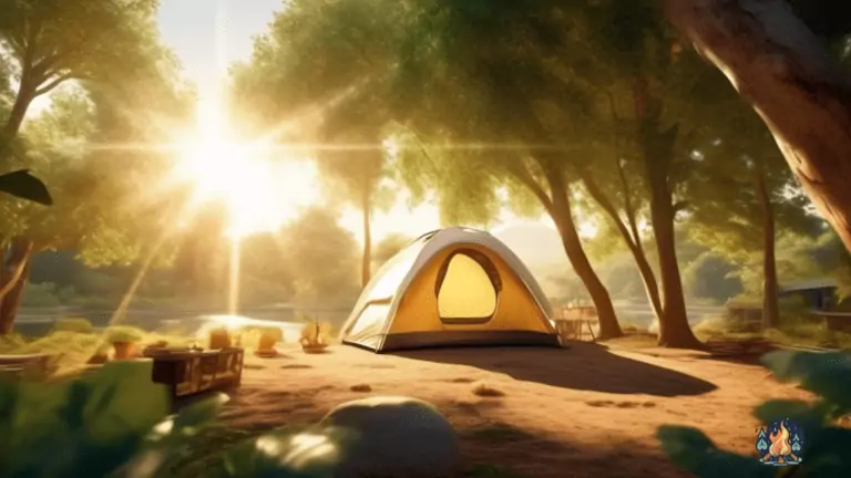 Alt text: Budget-friendly tent amidst lush greenery at a scenic campsite, basking in golden sunlight.