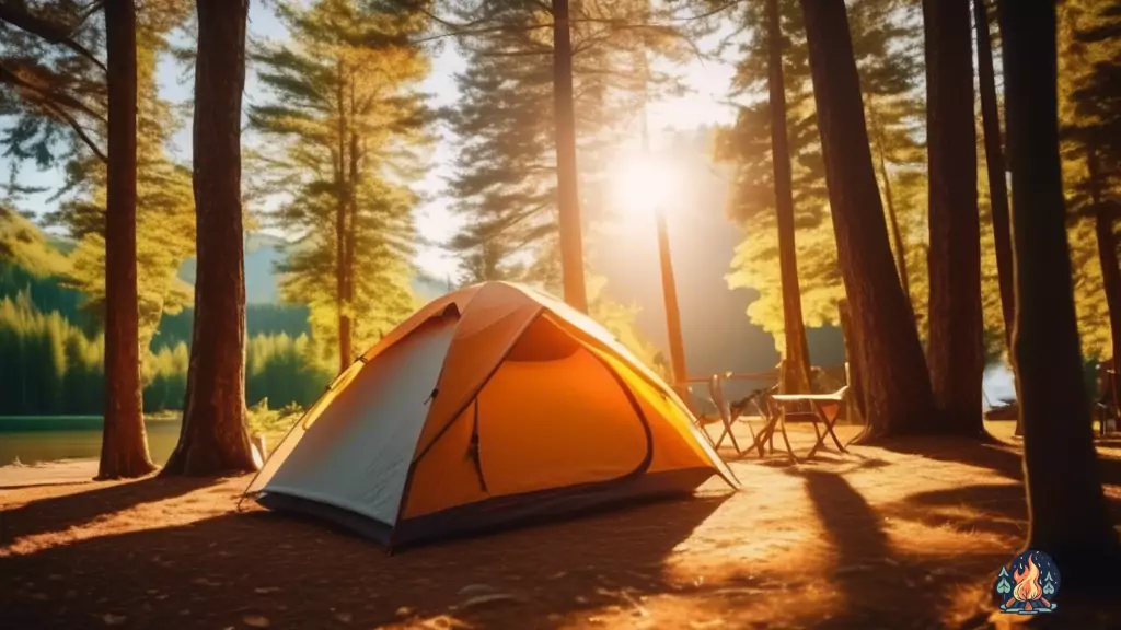 Experience camping in comfort and style with a cabin tent set up in a scenic campsite, with sunlight filtering through the trees and casting dappled shadows on the fabric. Cozy bedding and camping chairs are displayed outside for the ultimate outdoor getaway.