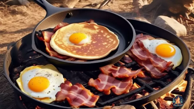 Delicious campfire breakfast scene with sizzling bacon, eggs, and fluffy pancakes cooked in a cast-iron skillet, illuminated by golden rays of sunlight.