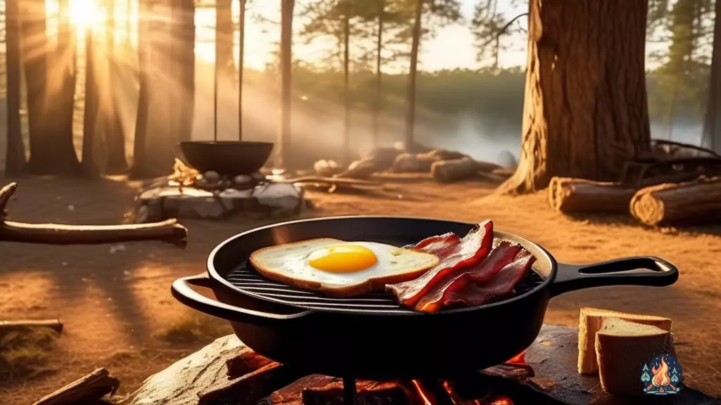 Delicious campfire breakfast recipes: A stunning sunrise view of a rustic campsite, with golden rays of sunlight shining through towering trees onto a cast-iron skillet filled with sizzling bacon, eggs, and crispy toast, ensuring a mouthwatering start to the day.