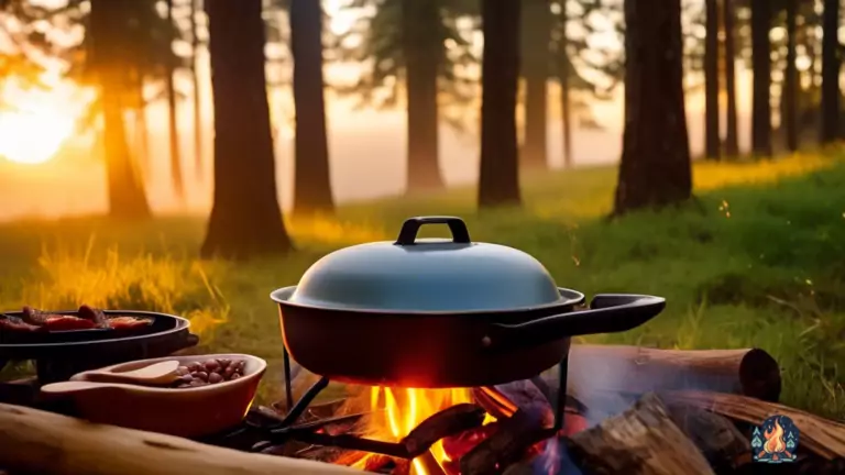 Campfire cooking breakfast with bacon and eggs in a cast iron skillet at a cozy campsite during sunrise, surrounded by dewy grass and tall trees bathed in golden morning light