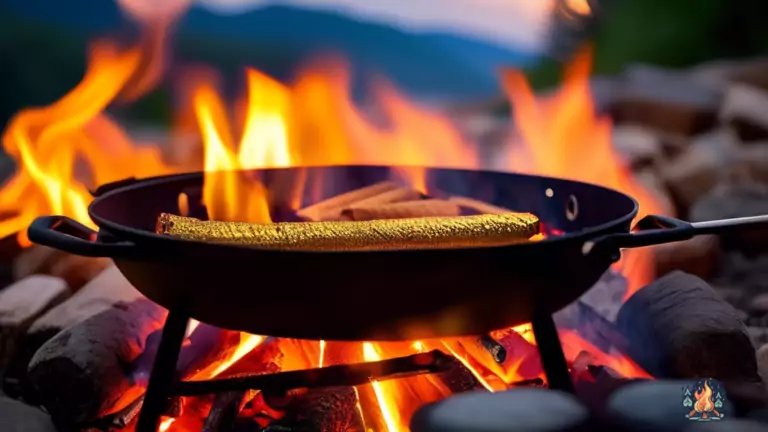 Close-up of a clean campfire cooking grill surrounded by glowing embers, with warm sunlight casting shadows, ideal for outdoor cooking