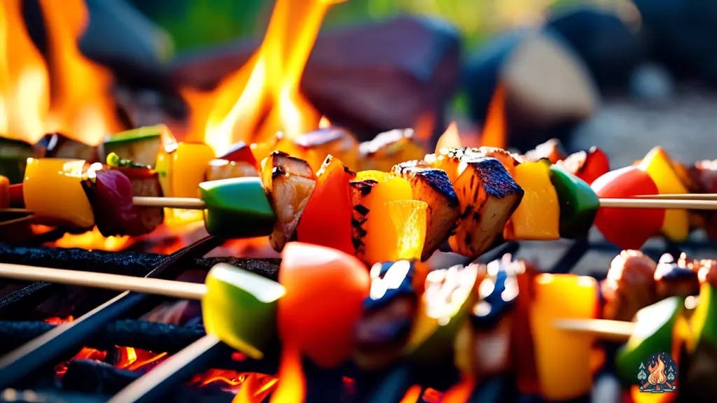 Colorful campfire cooking kabobs sizzling over a crackling fire, with the warm glow of the setting sun in the background