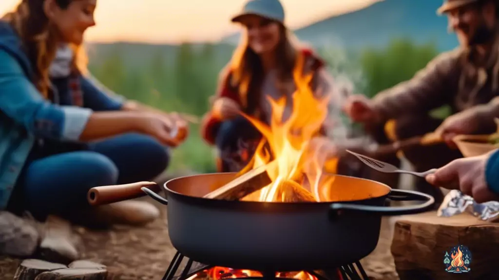 Close-up photo of beginners cooking over a campfire in the early morning light, showcasing flickering flames, cooking utensils, and safety gear