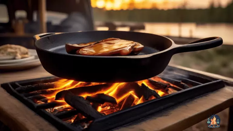Close-up shot of a vintage cast iron skillet sizzling over a crackling campfire, creating a warm golden glow. The flames dance in the background, illuminating the cozy outdoor kitchen setup of an RV.