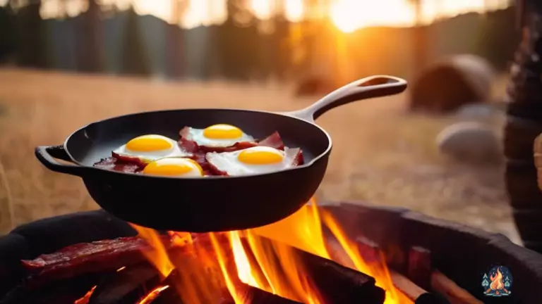 Close-up shot of sizzling bacon and eggs cooking in a cast iron skillet over a crackling campfire, illuminated by golden morning sunlight