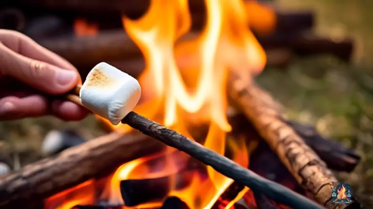 Beginner roasting a marshmallow over a campfire with a long stick, illuminated by the warm glow of the flames