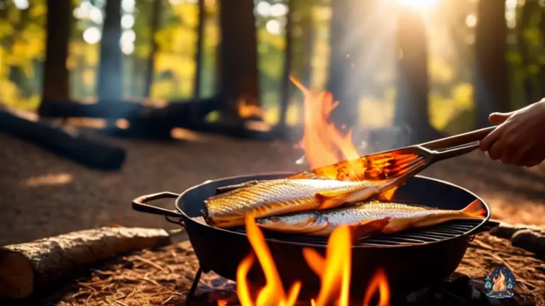 Master the art of campfire cooking fish with a picture of a person grilling a whole fish over a crackling campfire under bright sunlight streaming through the trees, casting long shadows on the ground