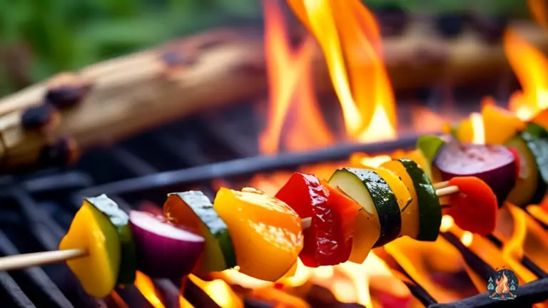Colorful vegetarian veggie skewer cooking over a crackling campfire with golden flames and warm setting sun filtering through trees