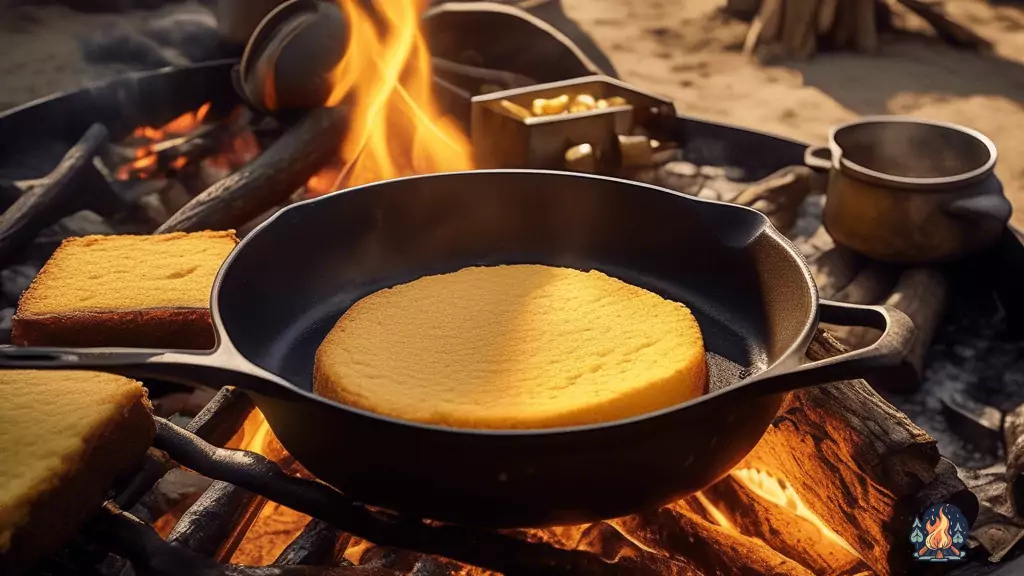 Delicious campfire cooking: A cast iron skillet filled with golden cornbread sizzling over an open flame, illuminated by the warm, vibrant glow of natural sunlight.