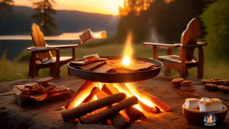 Indulge in a delightful spread of irresistible campfire dessert recipes, including gooey s'mores, grilled fruit, and caramel apples, as the sun sets and casts a warm, radiant glow on a rustic campfire.