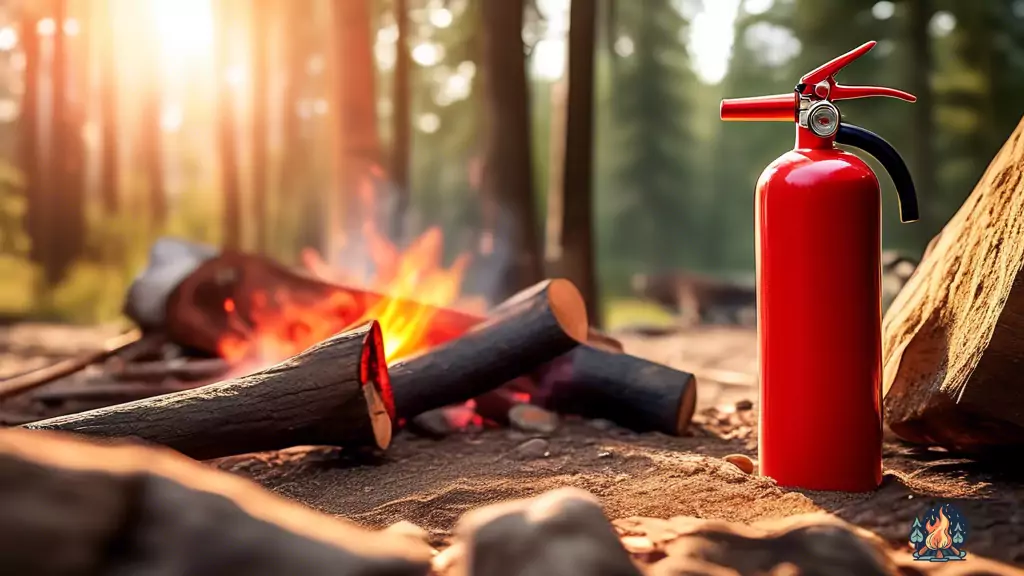 Campfire extinguisher in action, its vibrant red casing standing out against the sun-drenched natural surroundings, ensuring safety at the campsite.