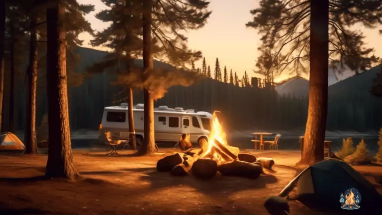 Campsite nestled amidst towering pine trees, illuminated by a crackling campfire casting dancing shadows at sunset.
