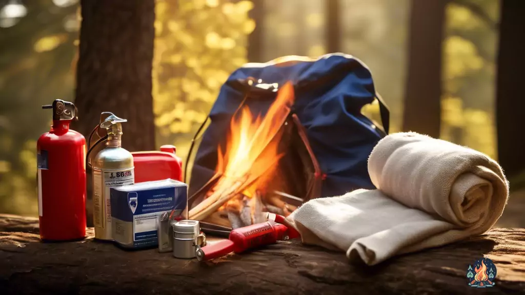 Essential campfire safety equipment including fire extinguisher, first aid kit, heat-resistant gloves, and fireproof blanket, glowing in the warm sunlight amidst the surrounding trees.