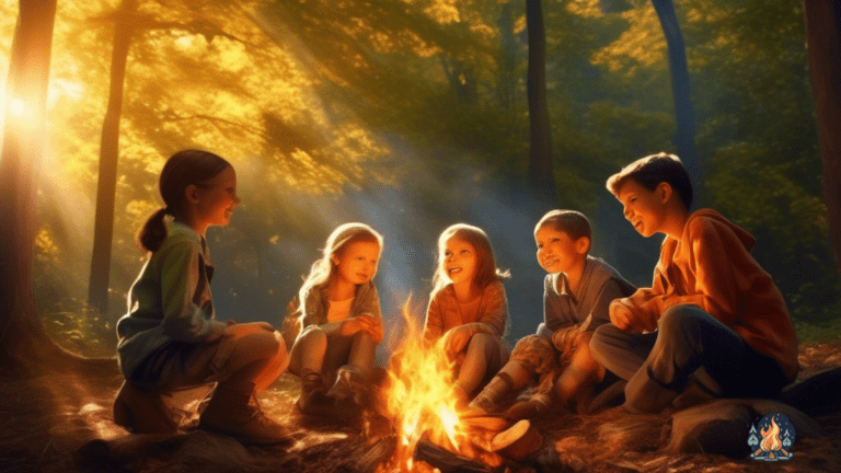 Campfire safety for kids: Children sitting around a warm, golden campfire, their faces illuminated by the flames, as sunlight filters through the treetop canopy, casting a beautiful dappled pattern of light and shadows on the ground.