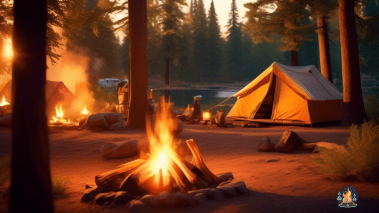 Serene campsite at golden hour: Experience the mesmerizing flickering flames of a safe campfire amidst the vibrant hues of nature.