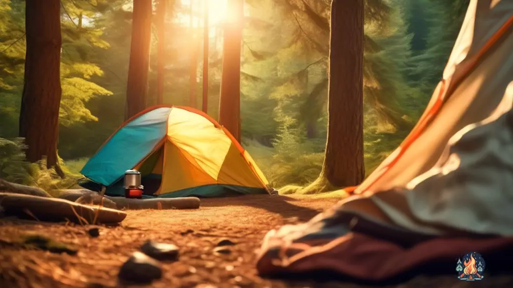 Beginner camper setting up a colorful tent in a serene forest illuminated by warm sunlight, surrounded by camping essentials including a cozy campfire, sleeping bag, and hiking boots.