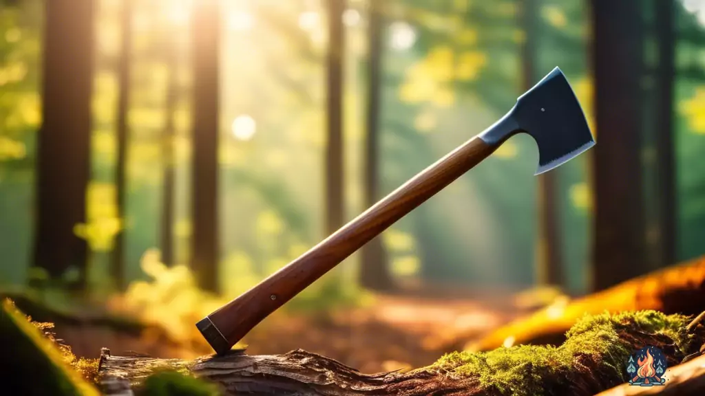 A close-up photo of a camping axe with a wooden handle and sharp metal blade, glistening in the bright sunlight of a forest clearing. Perfect tool for outdoor enthusiasts.