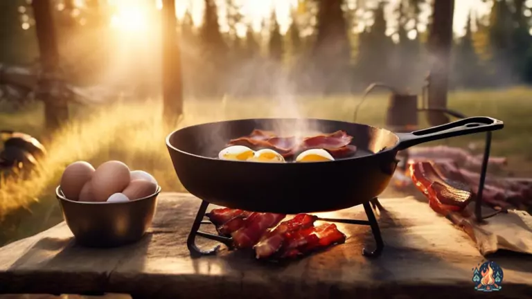 Alt Text: Delicious camping breakfast of sizzling bacon and eggs cooked on a campfire, in a rustic campsite surrounded by nature's golden morning light.