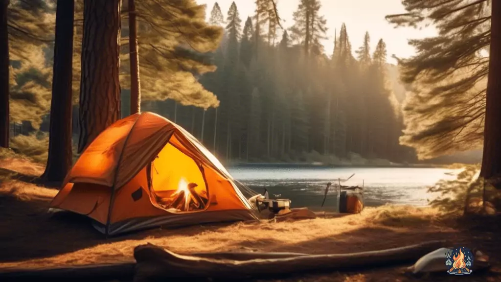 Serene camping scene with sunlit tent nestled amidst towering pine trees. Camping checklist essentials: fully stocked backpack, cozy sleeping bags, cooking utensils, and a flickering campfire.