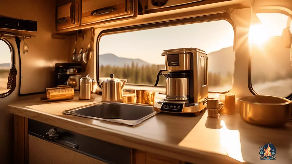RV kitchen counter with diverse camping coffee brewing equipment illuminated by golden morning sunlight, creating a warm and cozy ambiance for a delightful camping morning.
