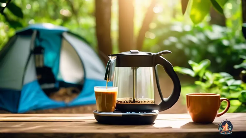 Alt text: Person using a portable camping coffee maker in lush green surroundings, with steam rising from a freshly brewed cup, under bright natural light.