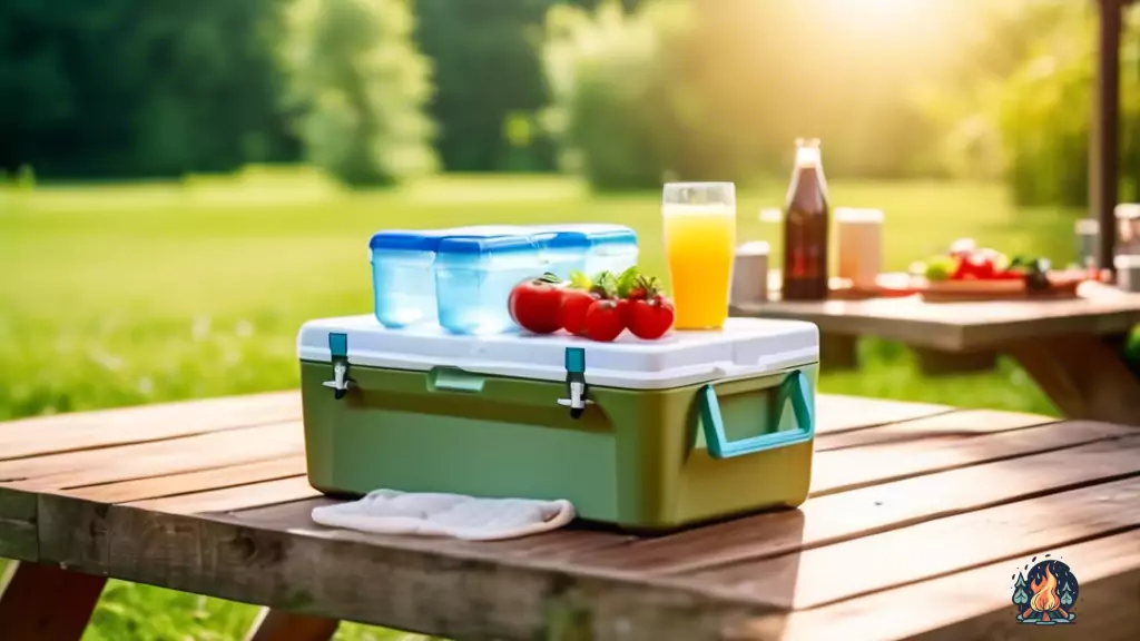 A camping cooler filled with ice packs, fresh vegetables, and cold drinks, placed on a picnic table outdoors in bright natural light.