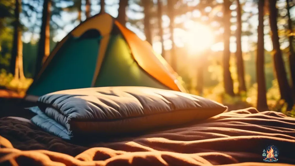 Experience ultimate comfort with a camping cot set up in a sunlit tent, complete with a cozy sleeping bag and pillow for a restful night under the stars