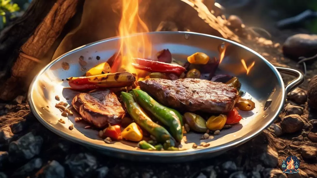 Delicious and Easy Camping Foil Packet Recipes: Veggies and meat sizzle over a crackling fire under a radiant sunbeam in a vibrant campsite kitchen.