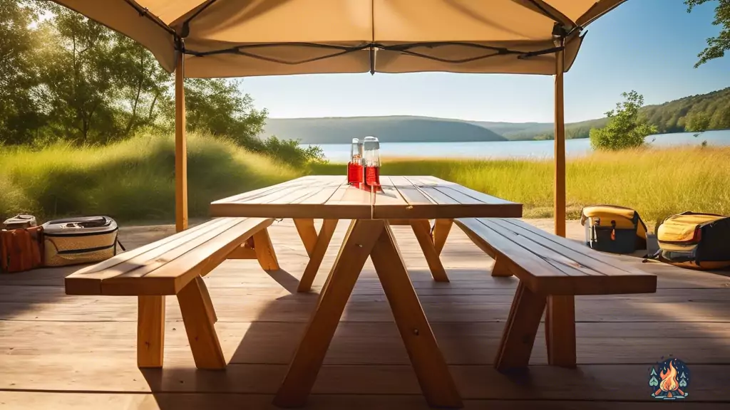 Alt text: A close-up shot of a compact camping folding table set up under a sunlit canopy, with camping chairs nearby and a cooler in the background, highlighting the practicality and convenience of the setup for outdoor adventures.