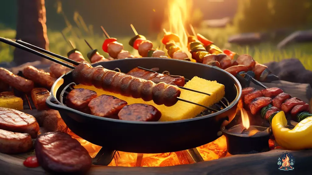 Delicious camping food ideas for outdoor cooking: A tempting spread of golden cornbread, charred sausages, and vibrant vegetable skewers, perfectly cooked over a campfire at sunset.