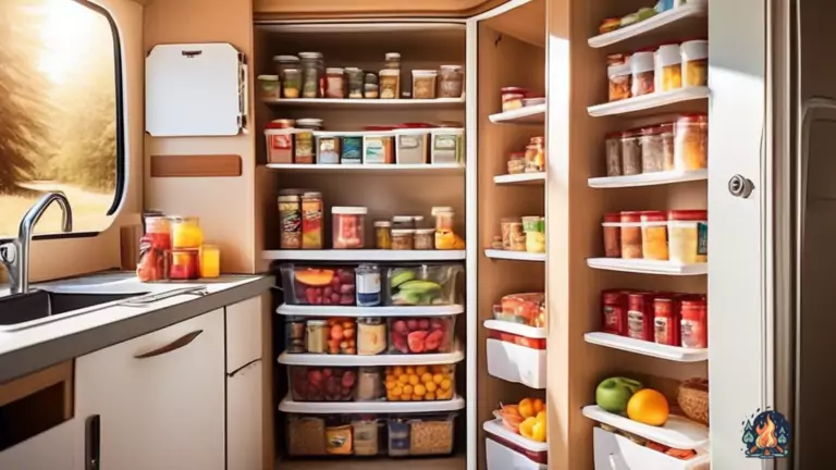 Smart camping food storage tips: Well-organized RV pantry bathed in vibrant sunlight, showcasing vacuum-sealed containers, stackable bins, and hanging storage solutions filled with dehydrated fruits, canned goods, and non-perishable snacks.