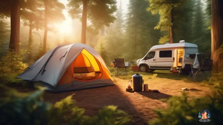 Experience the great outdoors with must-have camping gear including a sturdy tent, camping chairs, a compact stove, and a backpack filled with adventure essentials, all showcased in a breathtaking campsite nestled amidst lush greenery and bathed in the warm glow of a rising sun.
