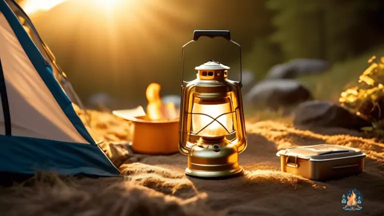 A stunning photo of a cozy campsite basking in golden sunlight, featuring ingenious camping hacks for a hassle-free trip.