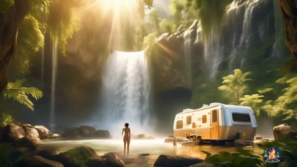 Stay refreshed and clean with these essential camping hygiene tips - experience the joy of bathing under a cascading waterfall surrounded by lush greenery and golden sunlight.