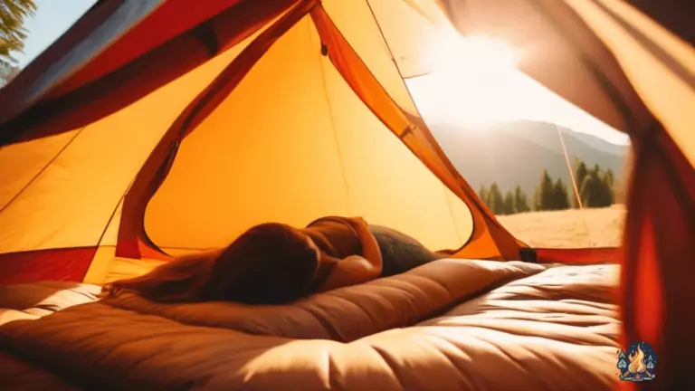 Person sleeping peacefully on a camping inflatable mattress inside a tent with morning sunlight streaming in