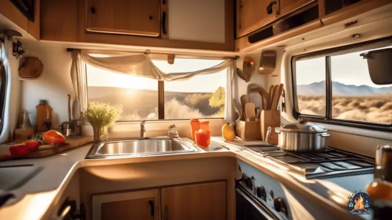 RV camping kitchen essentials: A well-stocked kitchen countertop with stovetop, utensils, cookware, and fresh ingredients illuminated by bright natural light.