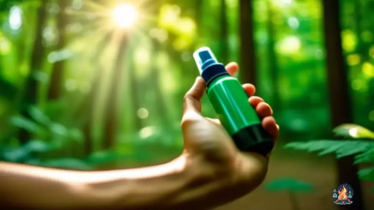 A person applying camping mosquito repellent spray to their arms in a lush forest setting with dappled sunlight filtering through the trees.