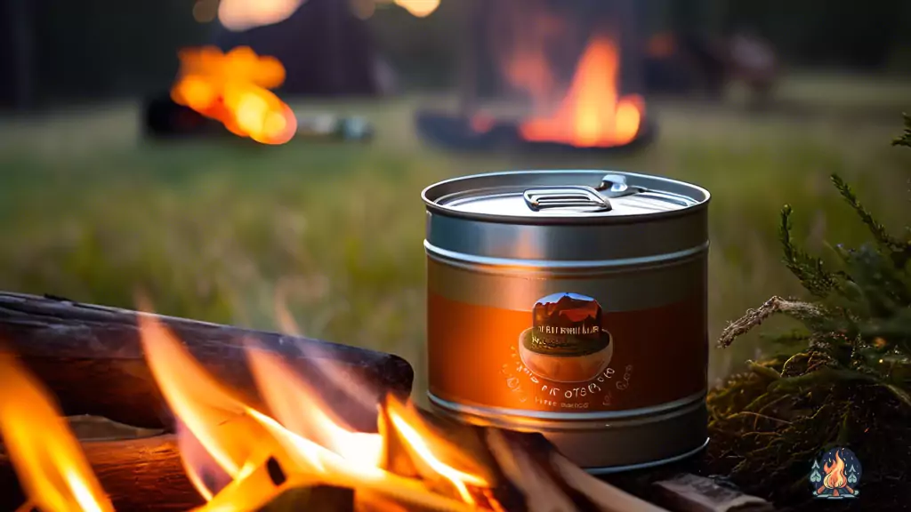 Versatile camping multi-tool opening a can of soup by campfire in the morning light
