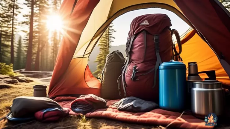 An organized camping backpack filled with essential items such as a sleeping bag, stove, cookware, and a hammock, illuminated by the beautiful morning sunlight streaming through the tent opening.