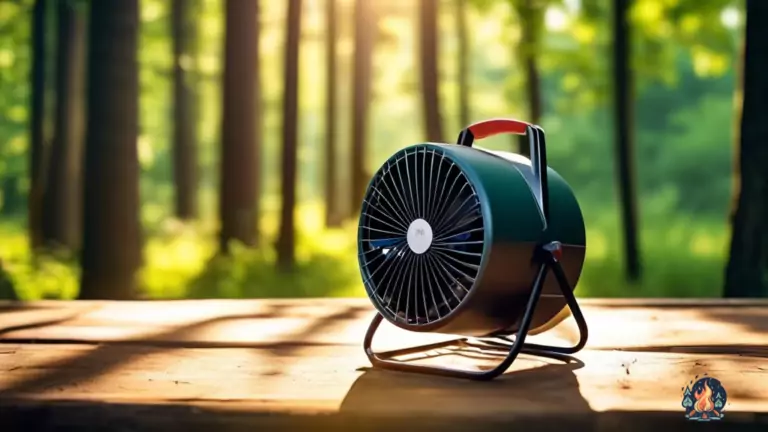 Stay cool on your camping trip with a portable fan set up on a picnic table in a sunlit forest clearing