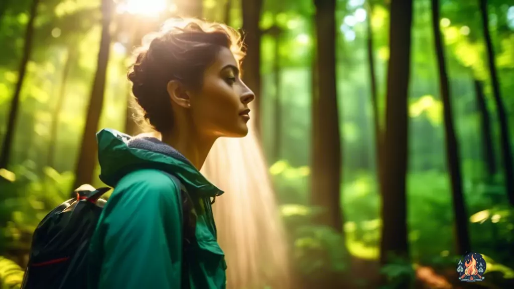 A person standing in a lush green forest using a portable camping shower under bright natural light.