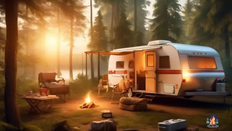Alt Text: Serene campsite nestled in a lush forest, illuminated by the golden rays of a rising sun. A well-prepared camper showcases essential safety items including a first aid kit, fire extinguisher, and a map, emphasizing the importance of camping safety.