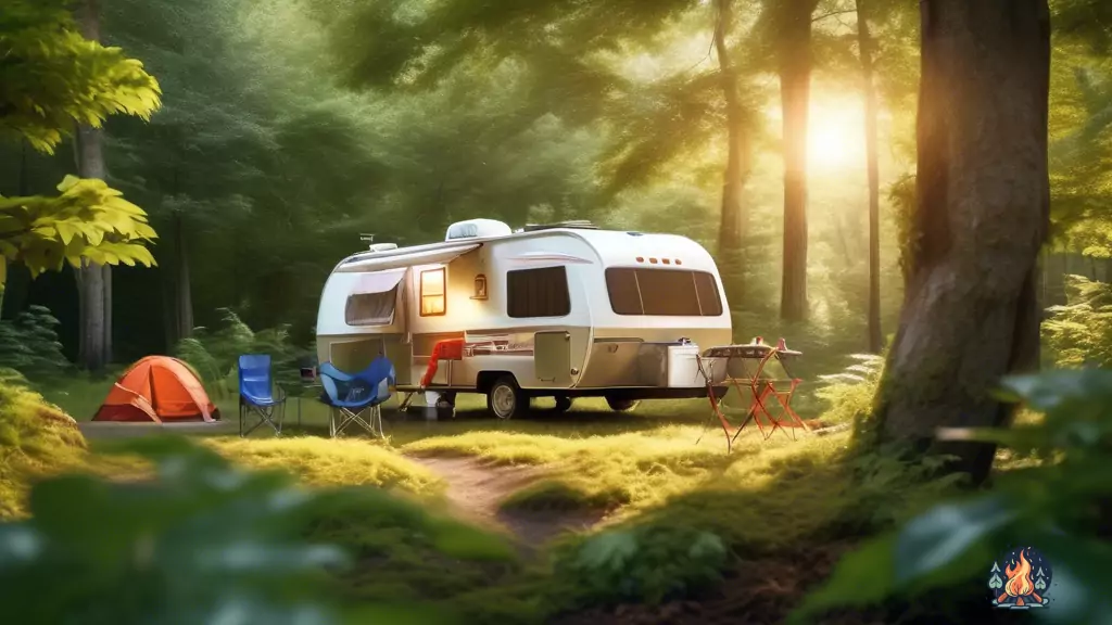 An outdoor enthusiast carefully sets up a tent in the early morning sunlight, surrounded by lush greenery. The well-prepared camper showcases essential camping safety gear, including a first aid kit and fire extinguisher, ensuring a safe and enjoyable outdoor experience.