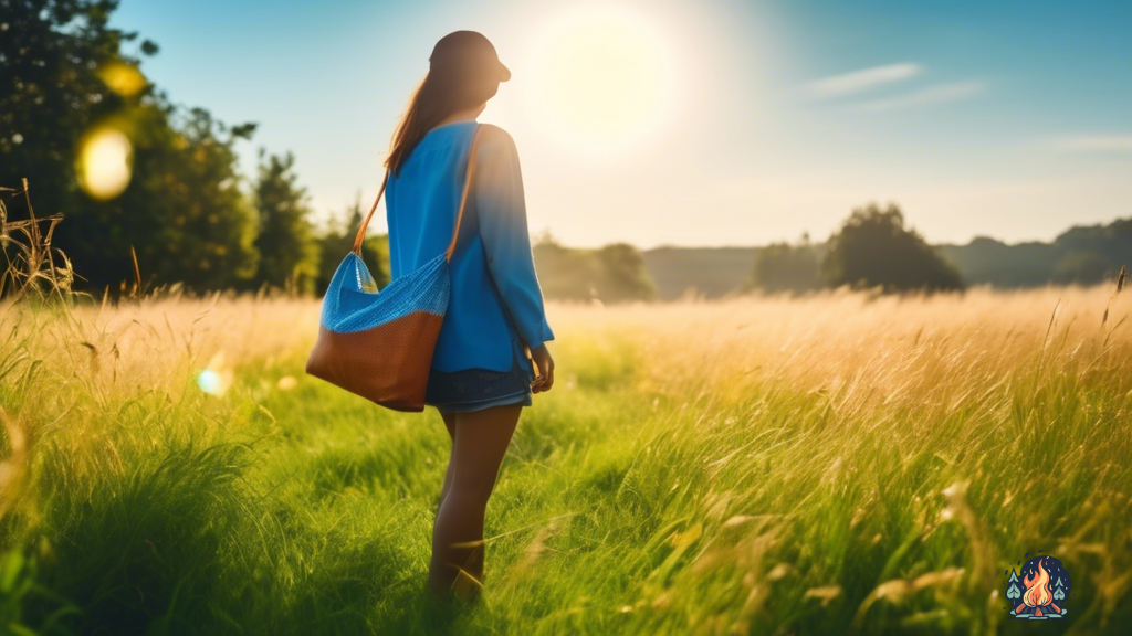 Person holding a camping shower bag in a grassy field under a clear blue sky, with bright natural light shining down.